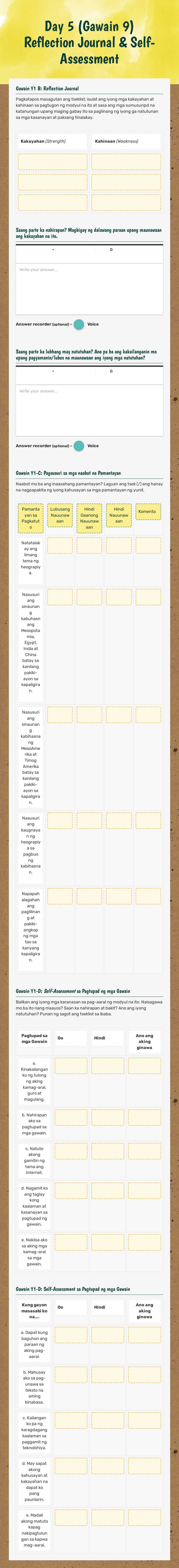Day 5 (Gawain 9) Reflection Journal & Self-Assessment worksheet preview image