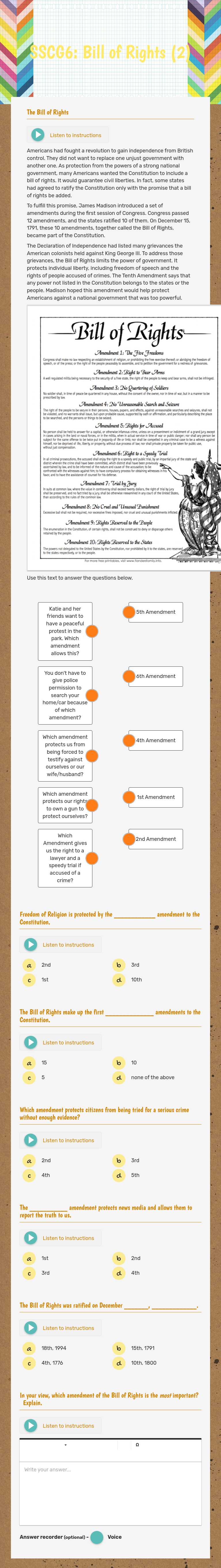 SSCG6: Bill of Rights (2) Grade 9 worksheet preview