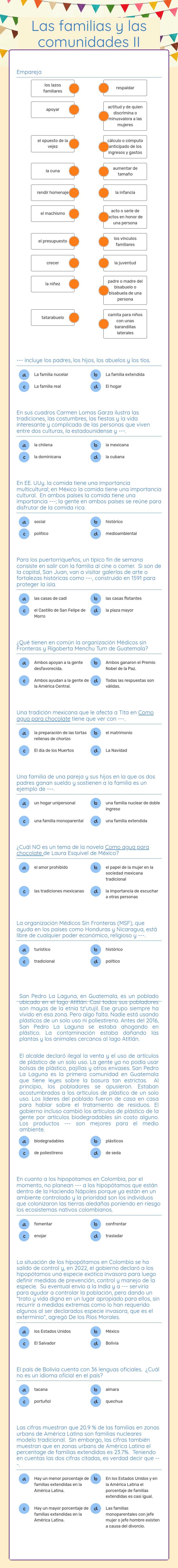 Las familias y las comunidades II worksheet preview