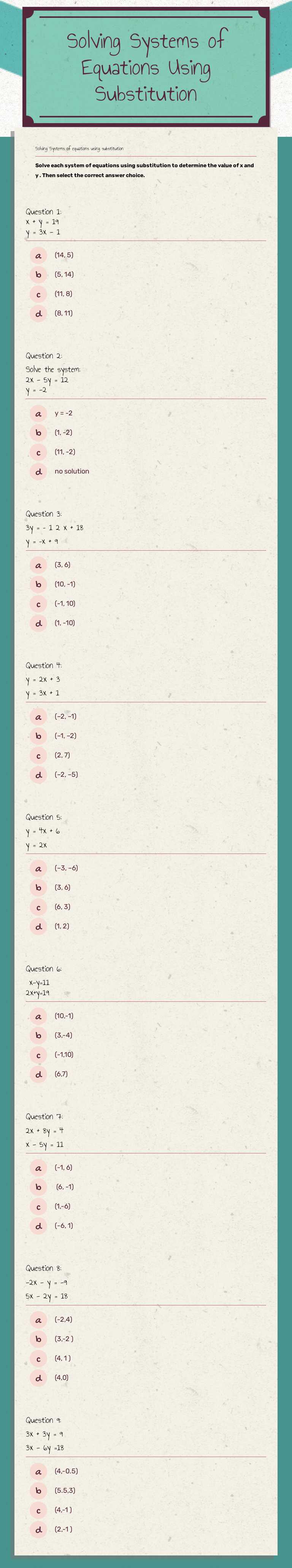 Solving Systems of Equations Using Substitution worksheet preview image