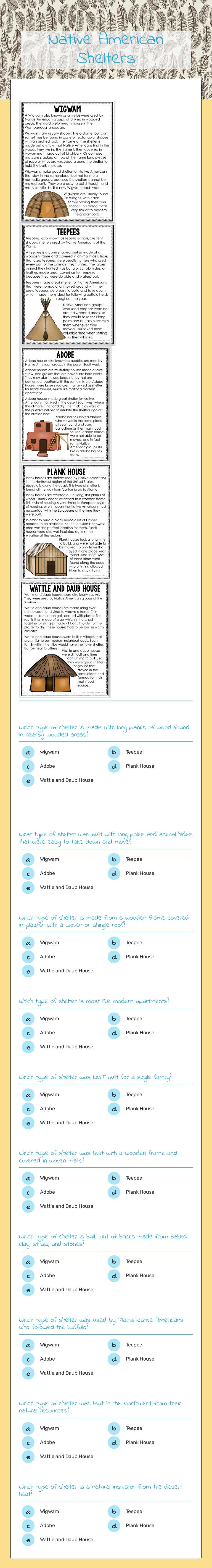 Native American Shelters worksheet preview image