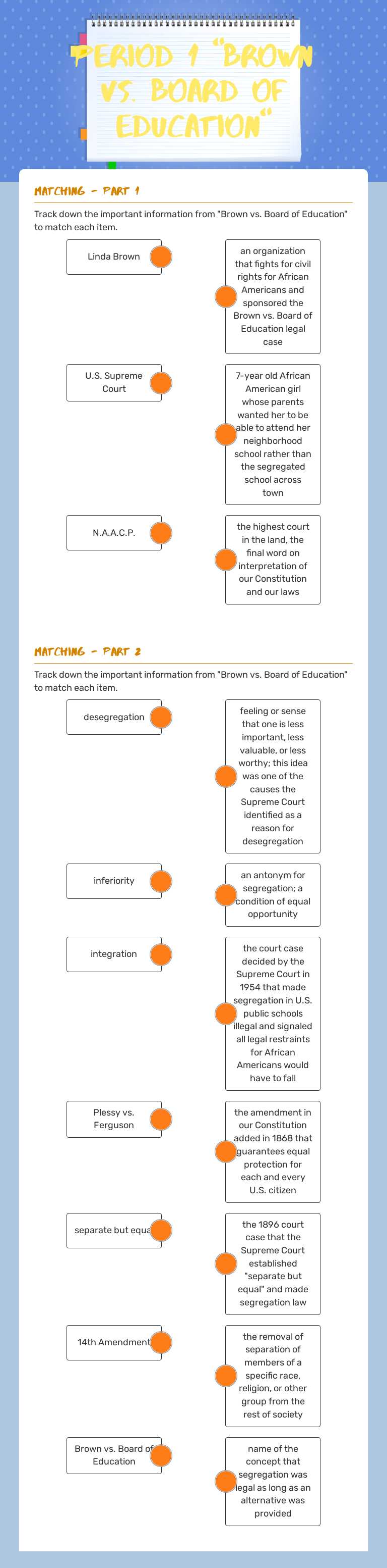 Period 1 "Brown vs. Board of Education" worksheet preview image