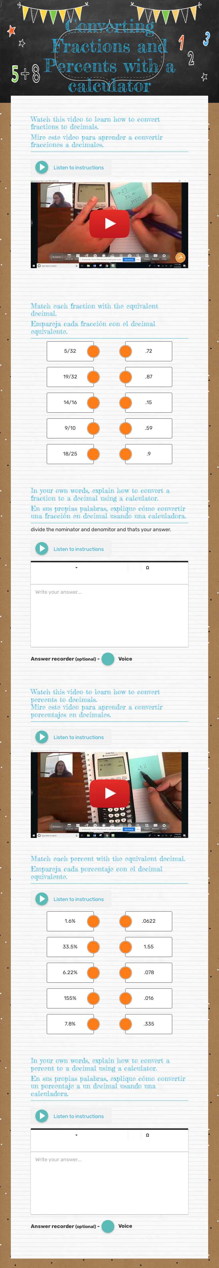 Converting Fractions and Percents
with a calculator worksheet preview image