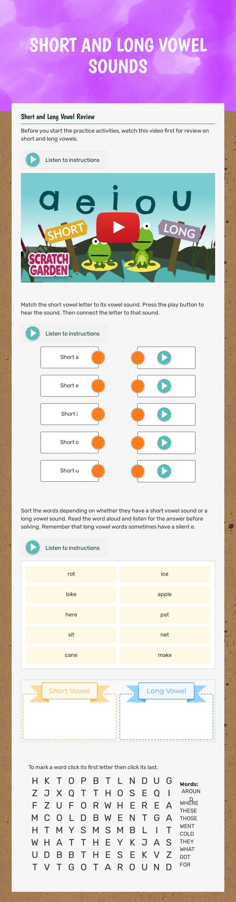 SHORT AND LONG VOWEL SOUNDS worksheet preview image