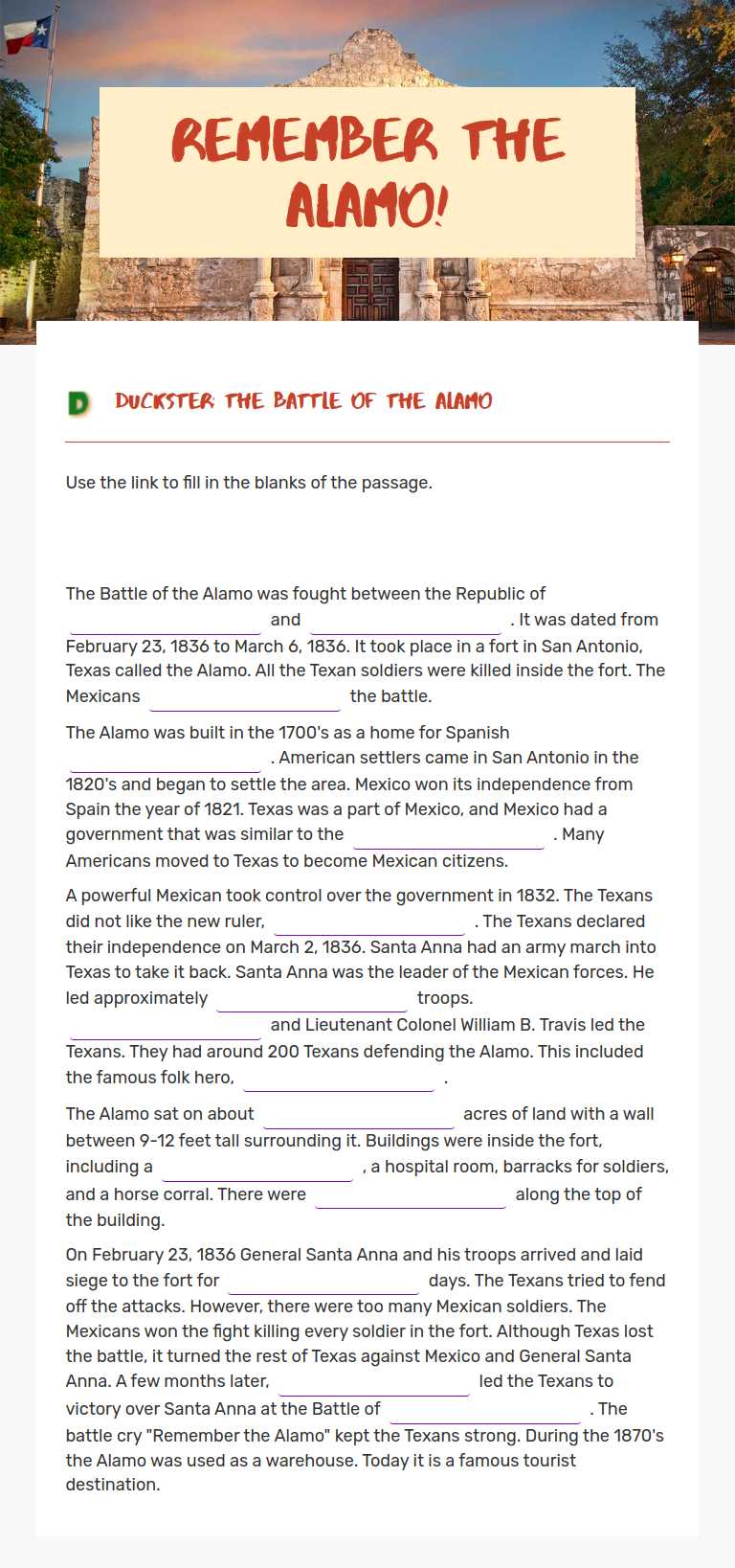 REMEMBER THE ALAMO! worksheet preview image