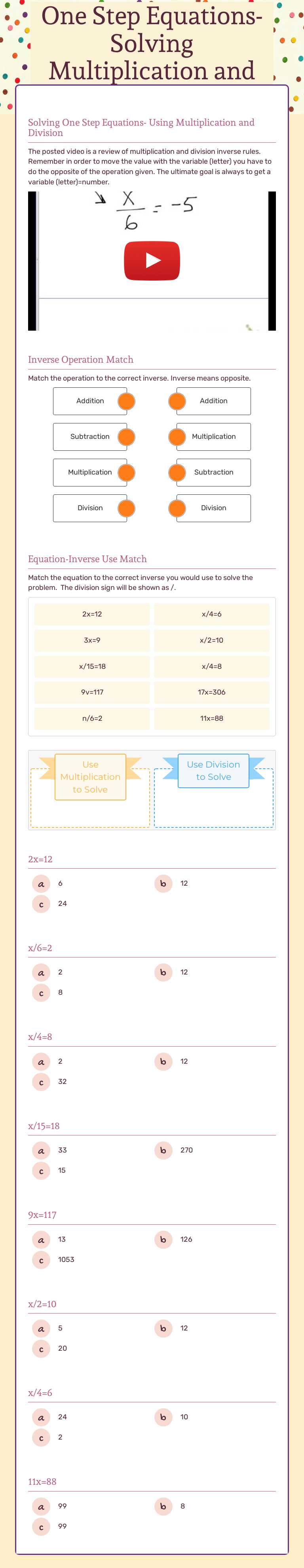 One Step Equations- Solving Multiplication and Division Problems worksheet preview image