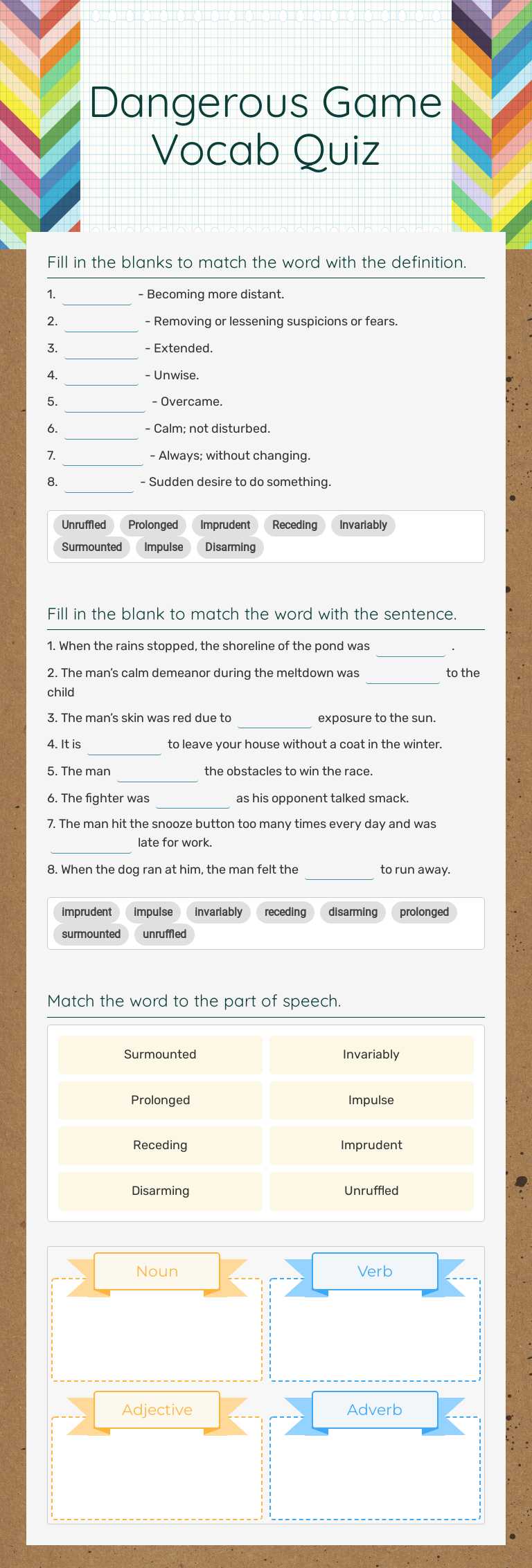 Dangerous Game Vocab Quiz worksheet preview image