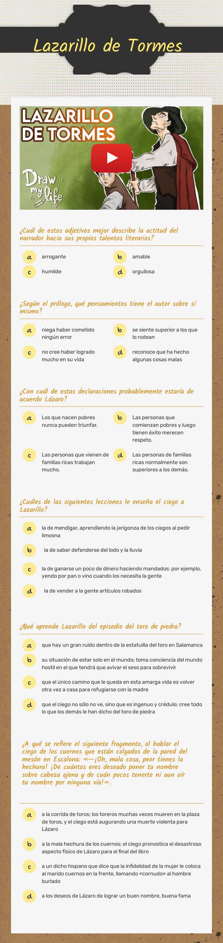 Lazarillo de Tormes worksheet preview image