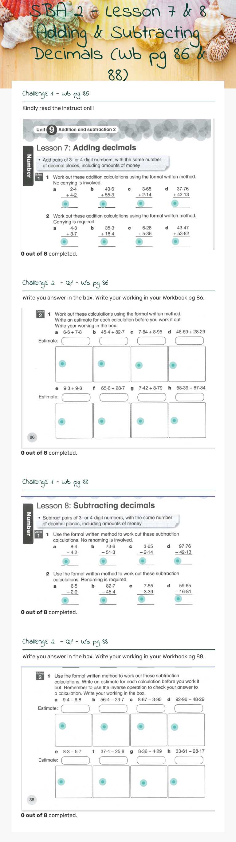 SBA 2 - Lesson 7 & 8  Adding & Subtracting Decimals (Wb pg 86 & 88) worksheet preview image
