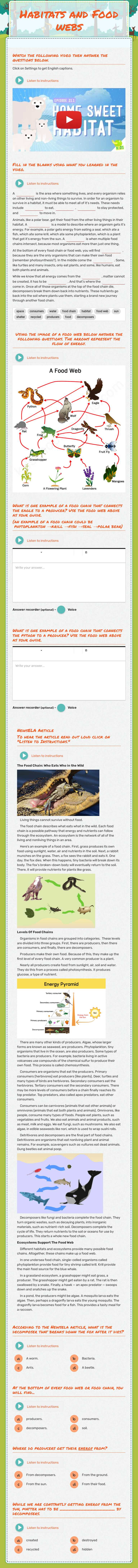 Habitats and Food webs worksheet preview image