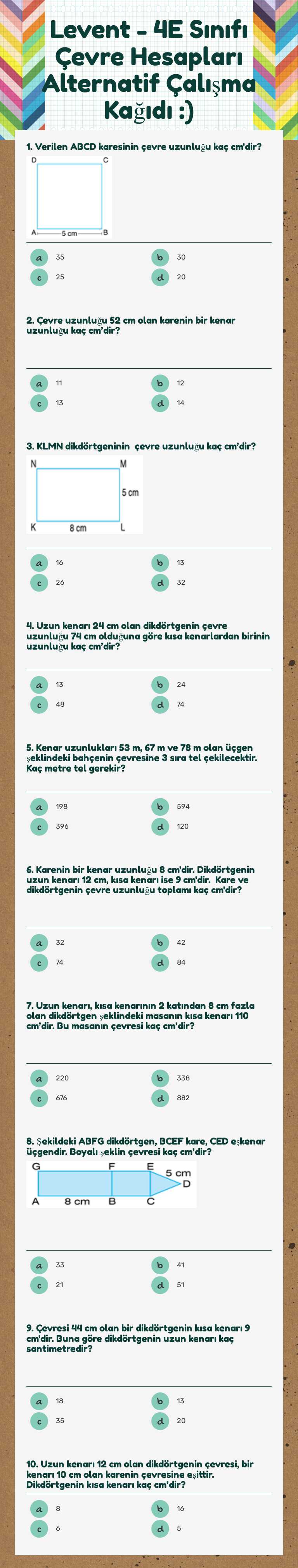Levent - 4E Sınıfı Çevre Hesapları Alternatif Çalışma Kağıdı :) worksheet preview image
