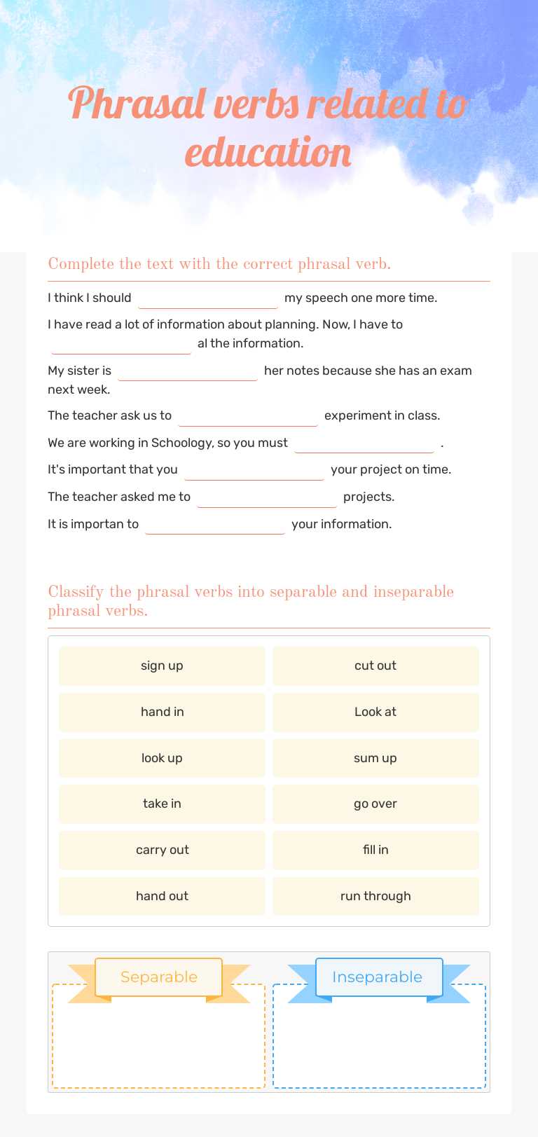 Phrasal verbs related to education worksheet preview image
