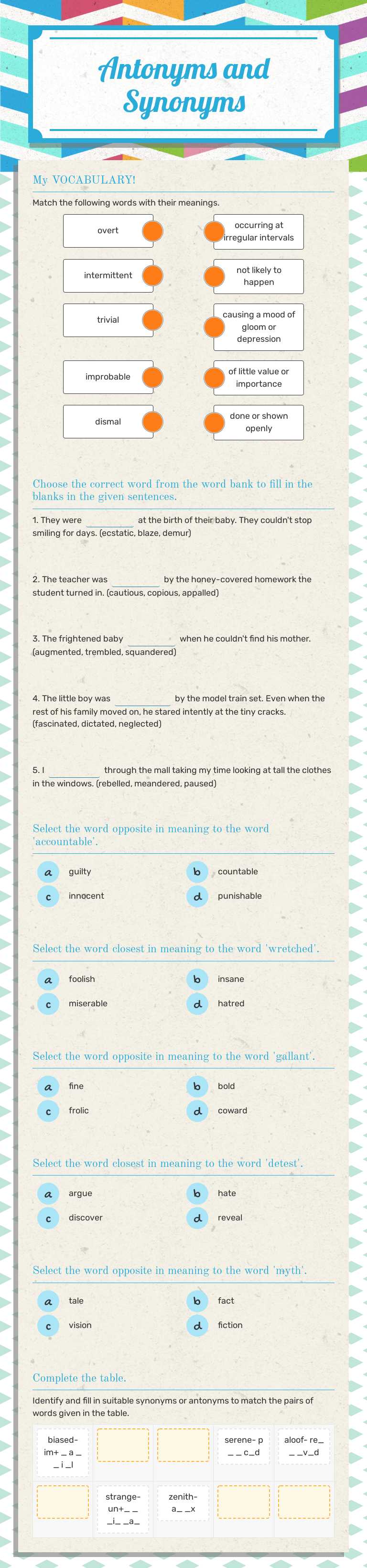 Antonyms and Synonyms Grade 8 worksheet preview
