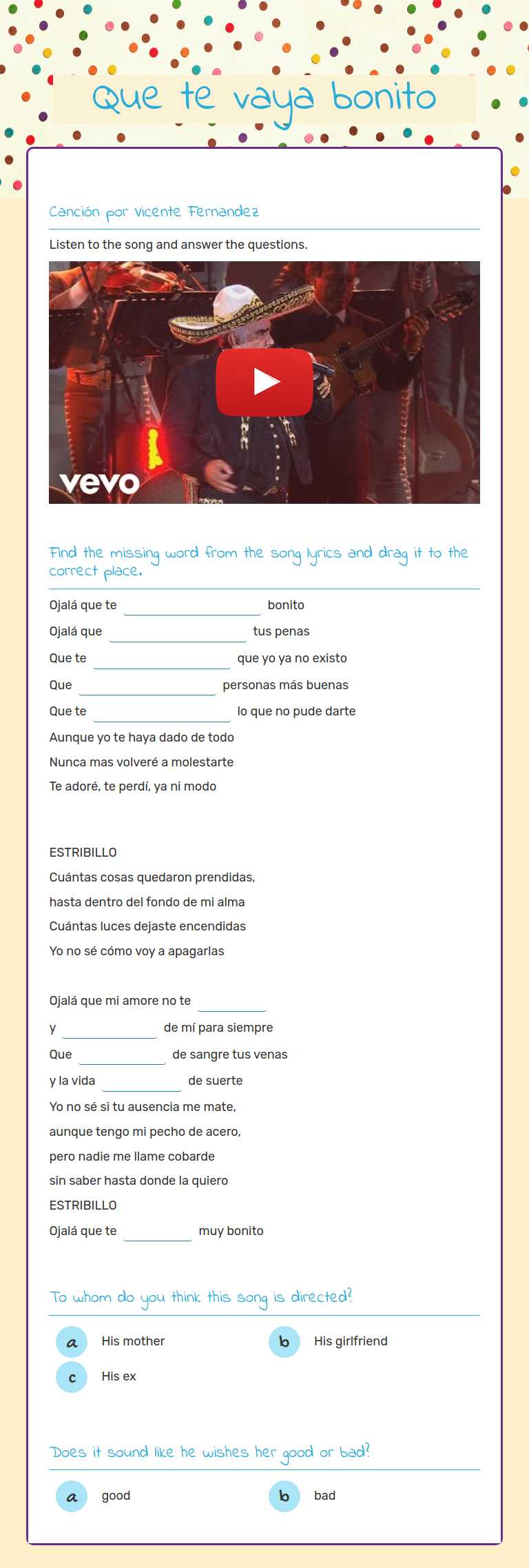 Que te vaya bonito worksheet preview image