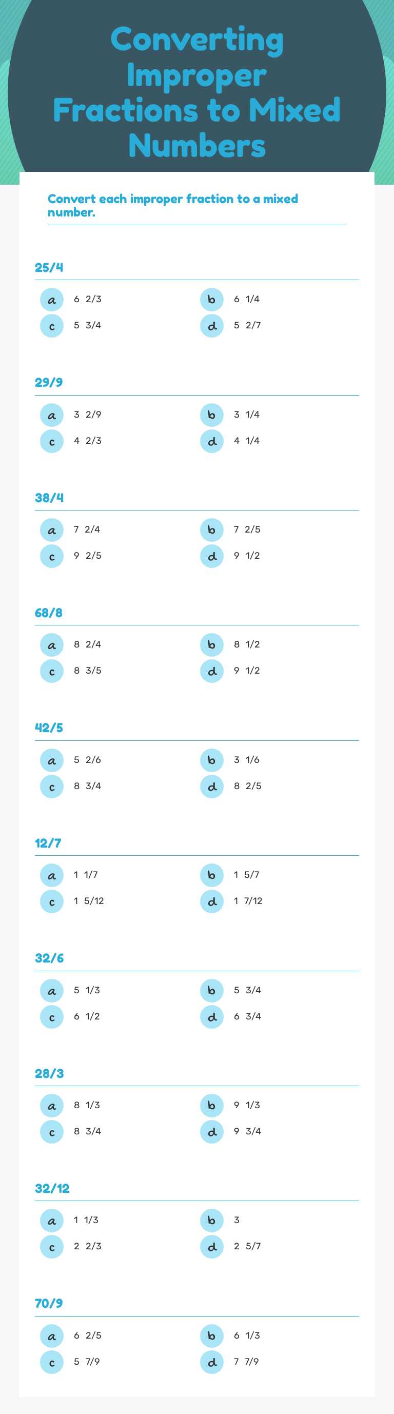 Converting Improper Fractions to Mixed Numbers Grade 5 worksheet preview