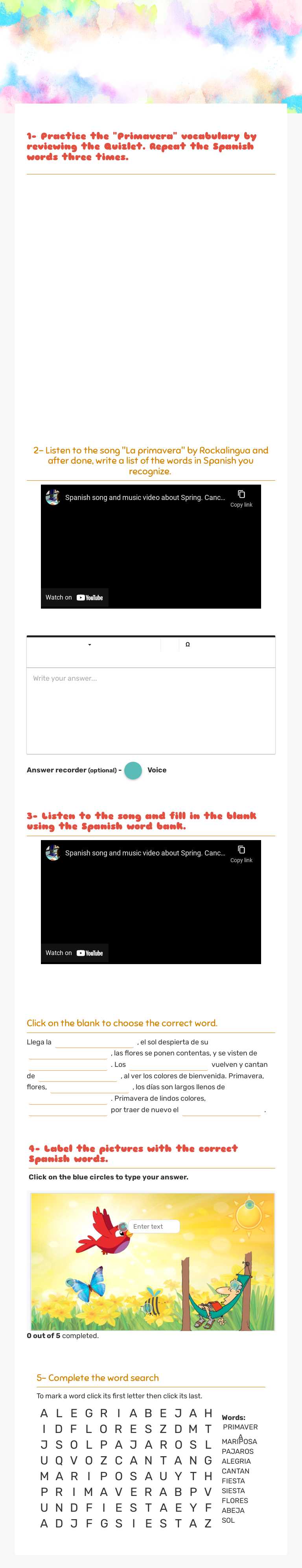 La primavera spring worksheet preview image