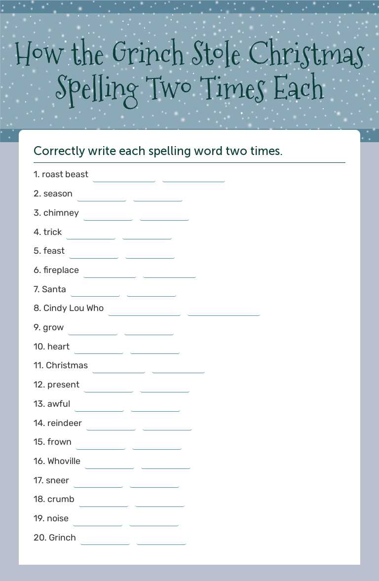 How the Grinch Stole Christmas Spelling Two Times Each Grade 4 worksheet preview