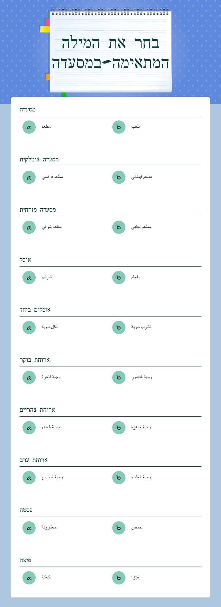 בחר את המילה המתאימה-במסעדה Grade 5 worksheet preview