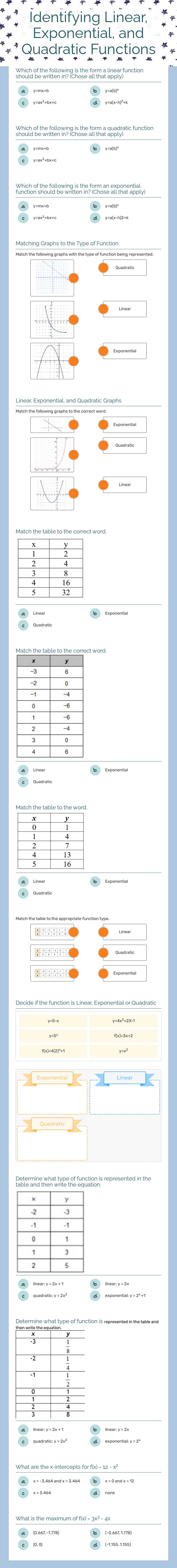 Identifying Linear, Exponential, and Quadratic Functions worksheet preview image
