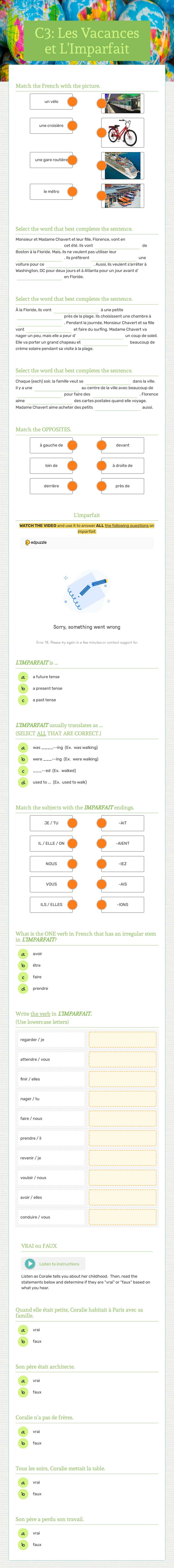 C3: Les Vacances et L'Imparfait Grade 10 worksheet preview