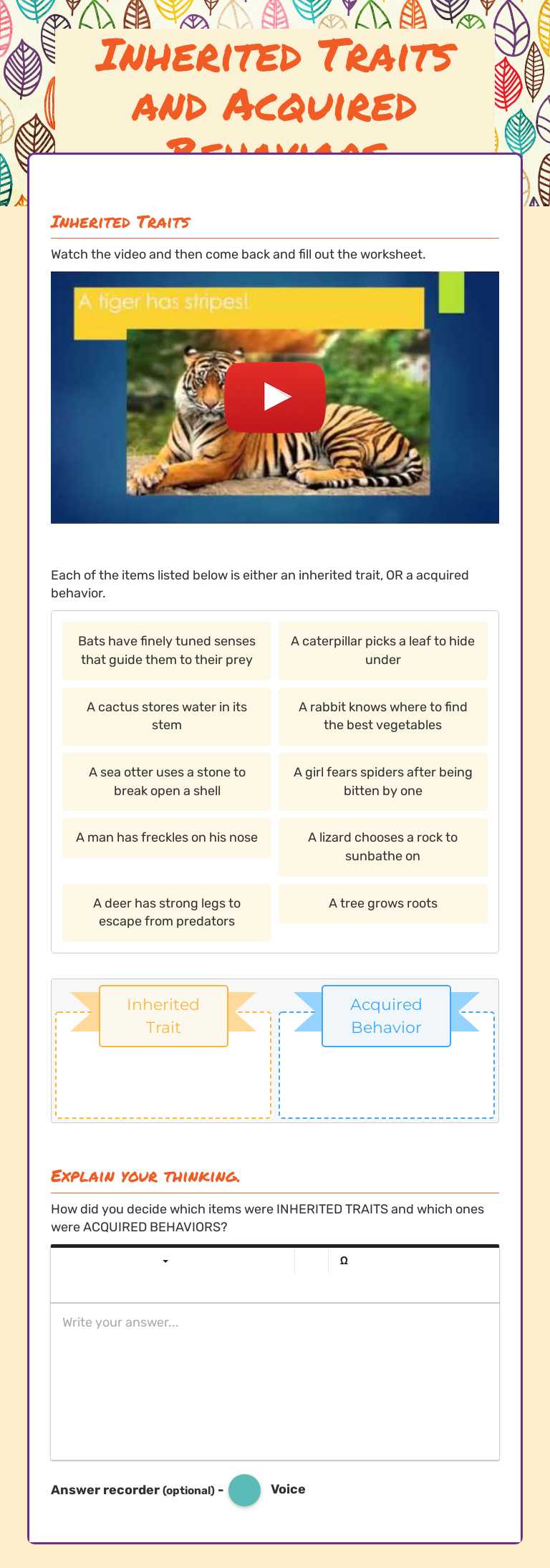 Inherited Traits and Acquired Behaviors worksheet preview image