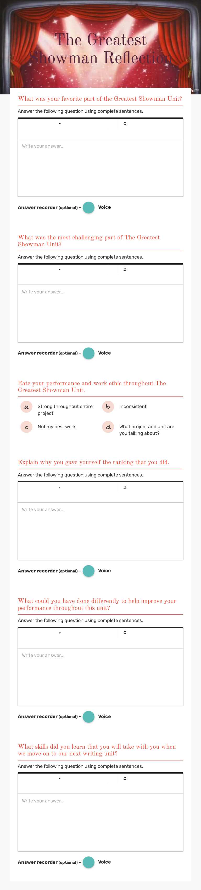 The Greatest Showman Reflection worksheet preview image