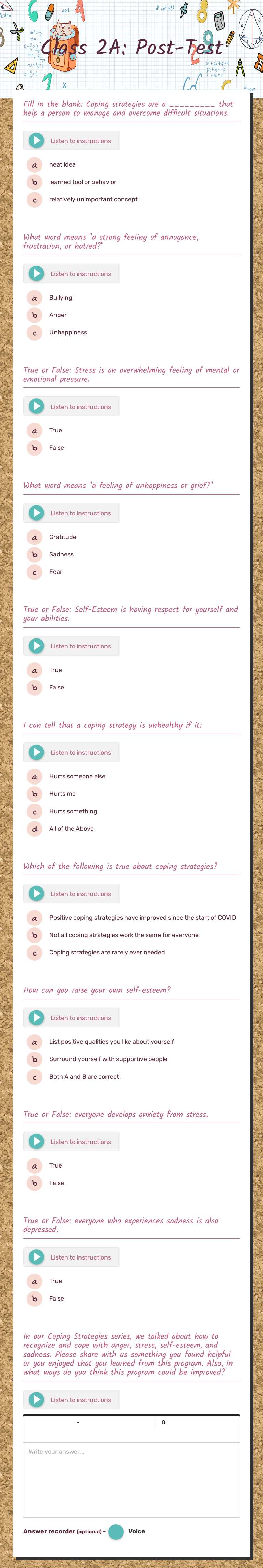 Class 2A: Post-Test worksheet preview image