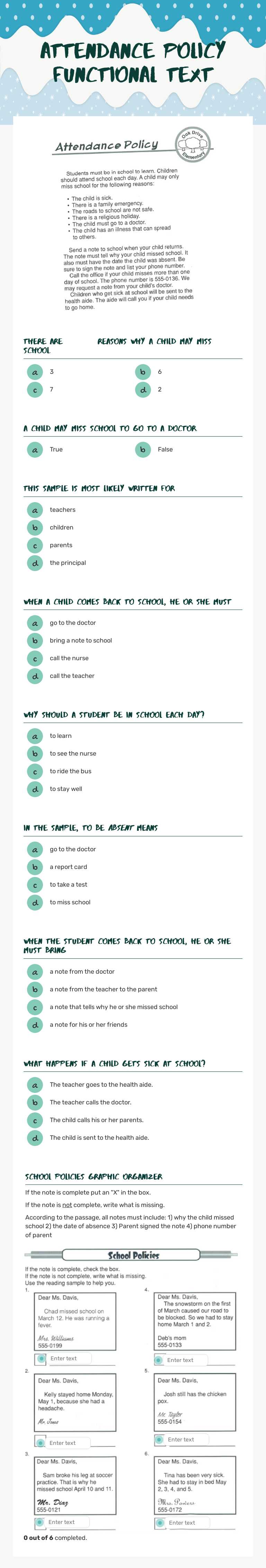 Attendance Policy Functional text Grade 3 worksheet preview