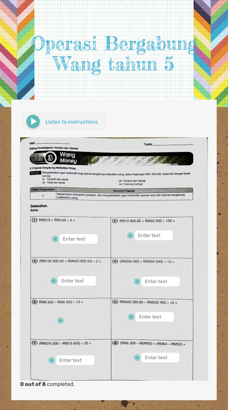 Operasi Bergabung Wang tahun 5 worksheet preview image