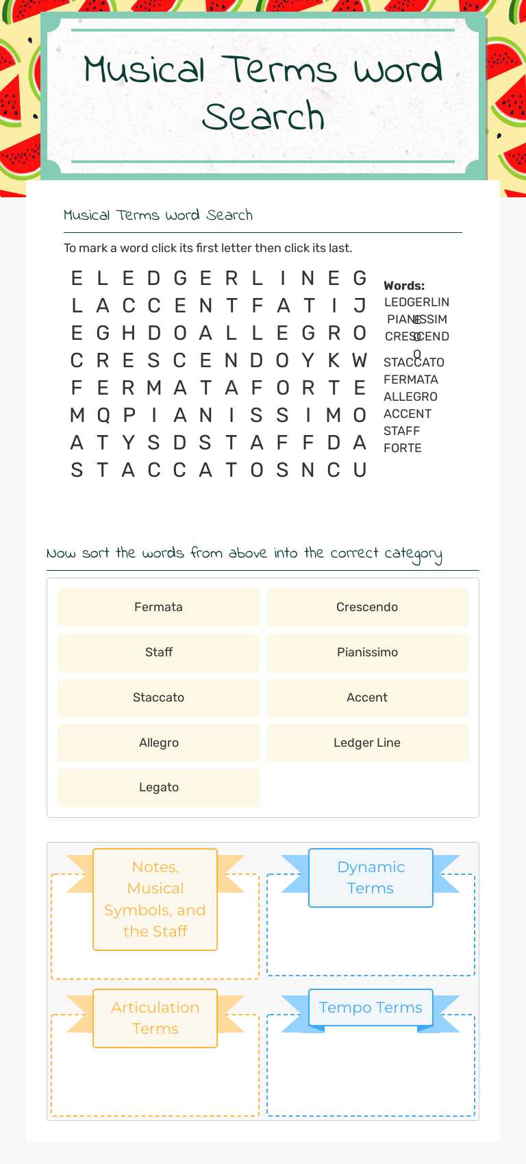 Musical Terms Word Search Grade 6 worksheet preview