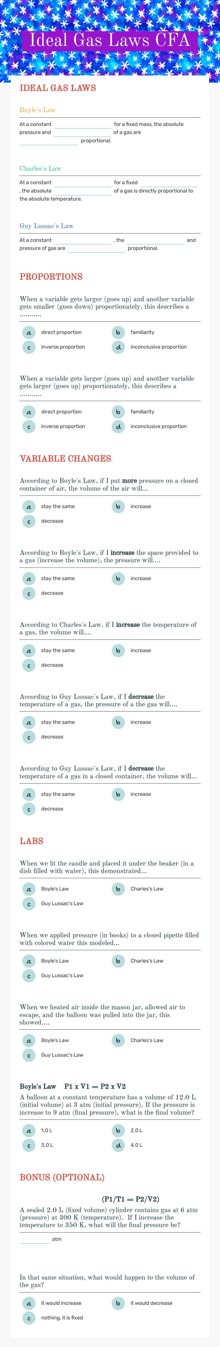 Ideal Gas Laws CFA worksheet preview image