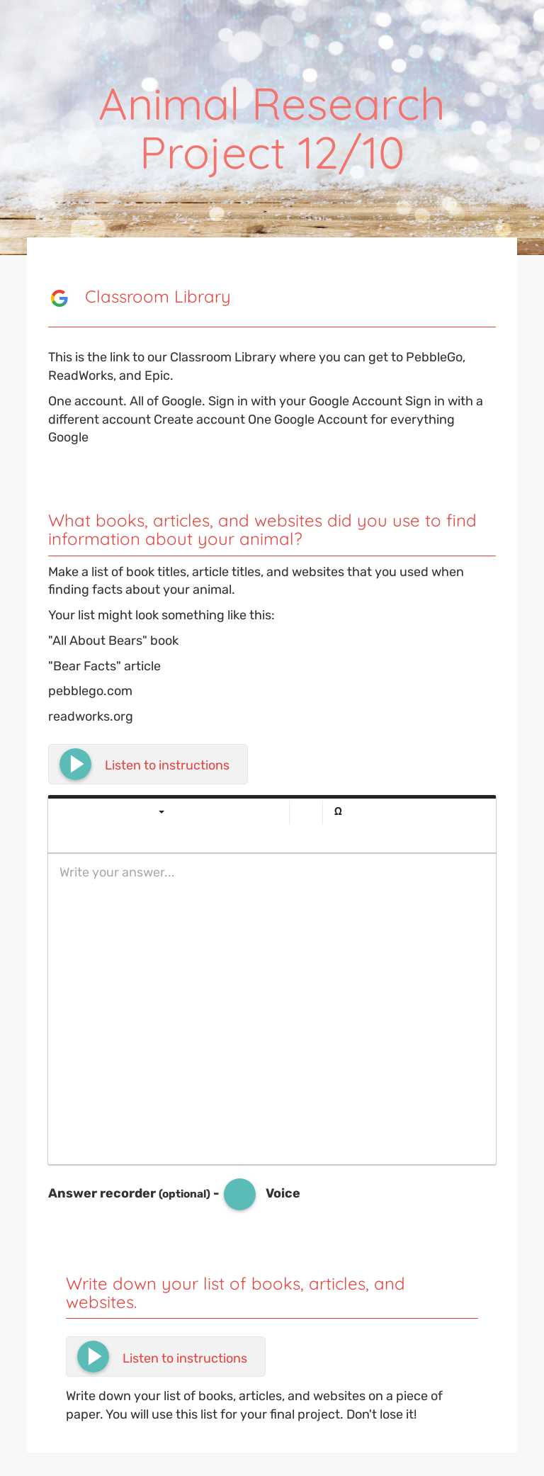 Animal Research Project 12/10 Grade 2 worksheet preview