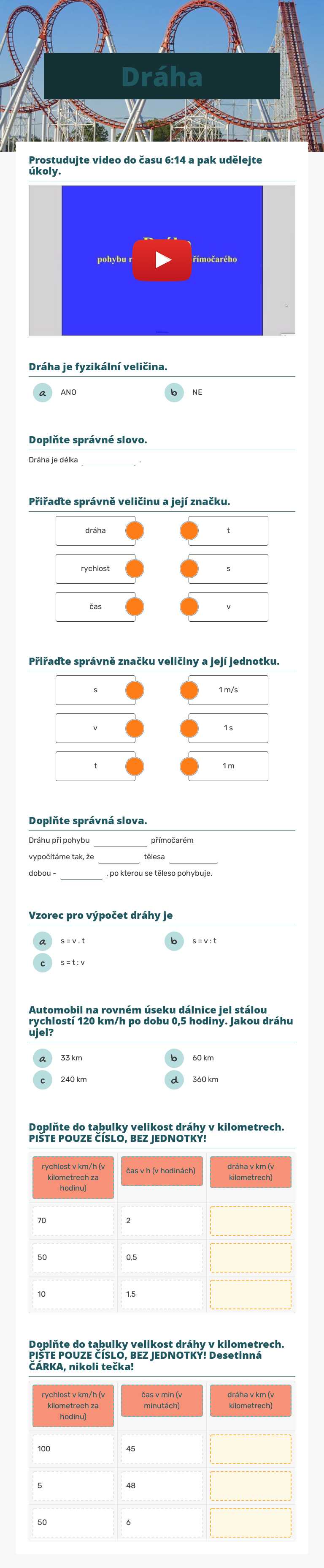 Dráha worksheet preview image