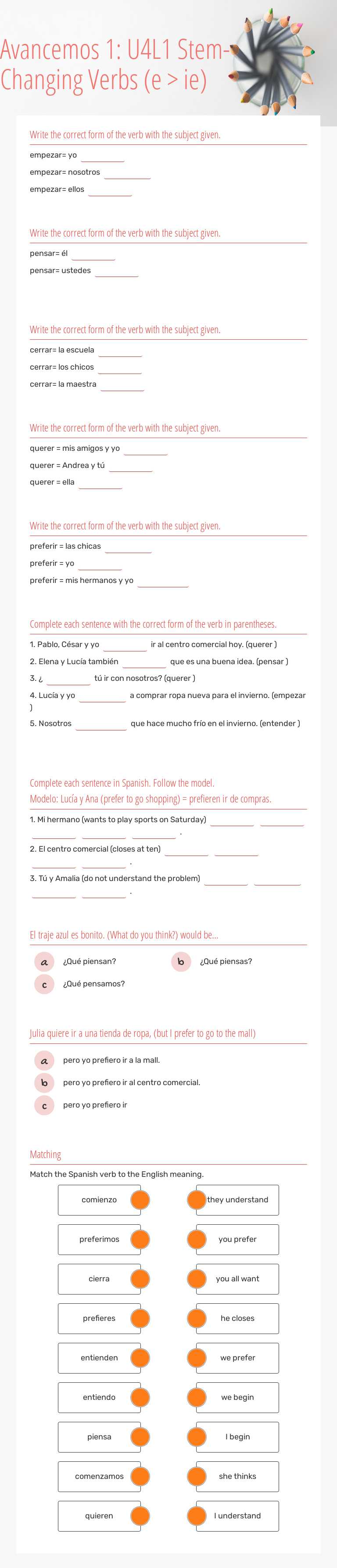 Avancemos 1: U4L1          
Stem-Changing Verbs (e > ie) worksheet preview image