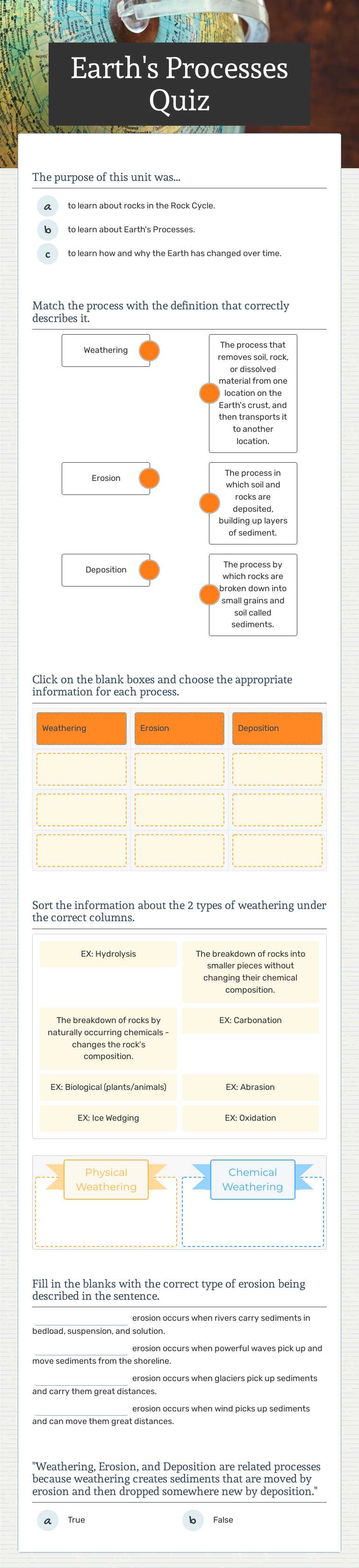 Earth's Processes Quiz Grade 6 worksheet preview