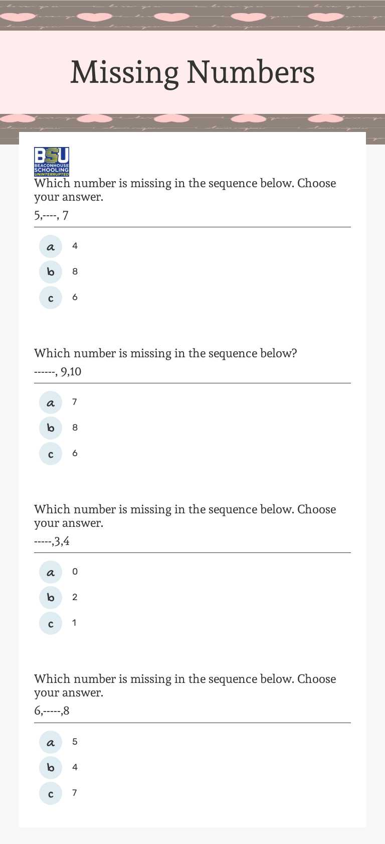 Missing Numbers Preschool worksheet preview