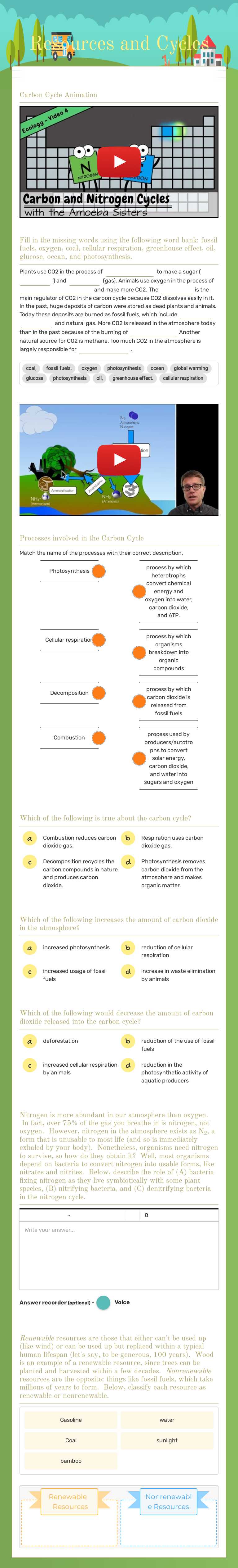 Resources and Cycles worksheet preview image