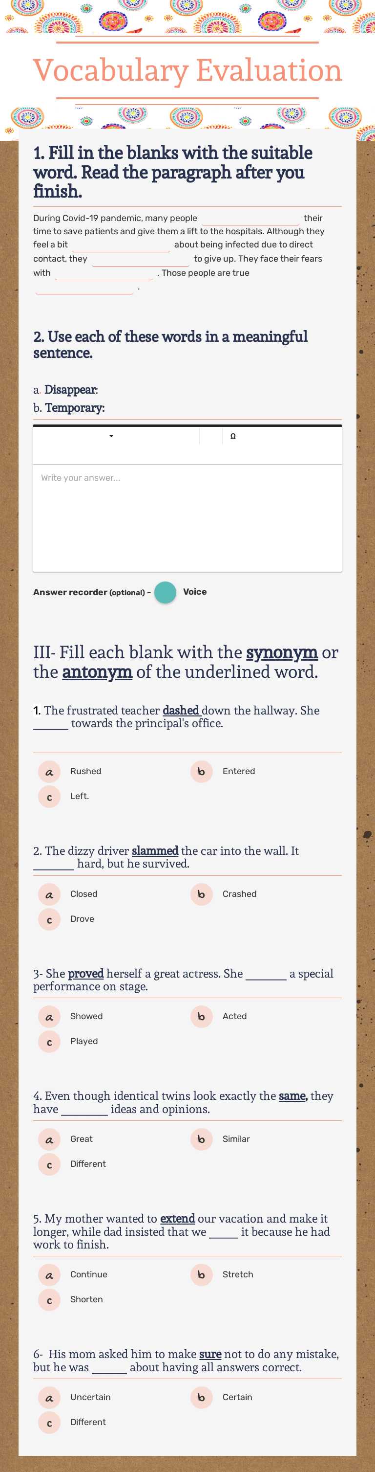 Vocabulary Evaluation worksheet preview image