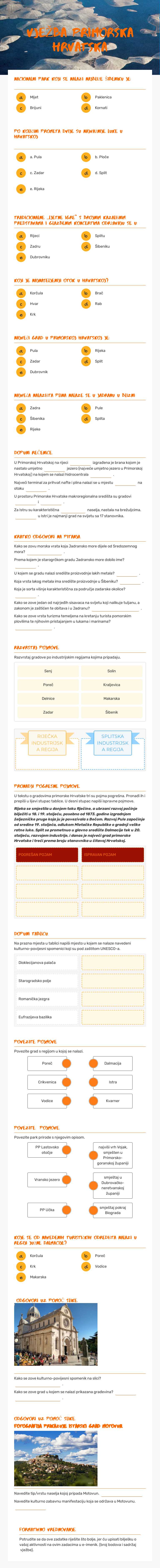 VJEŽBA PRIMORSKA HRVATSKA worksheet preview image