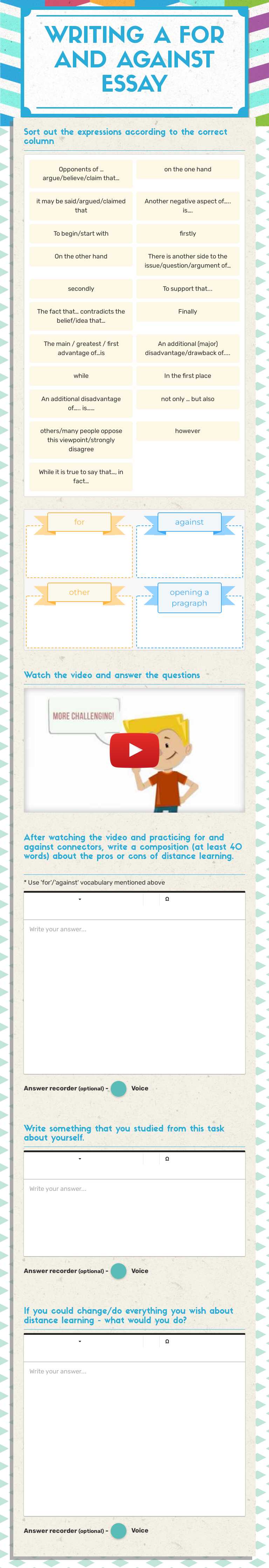 WRITING A FOR AND AGAINST ESSAY worksheet preview image