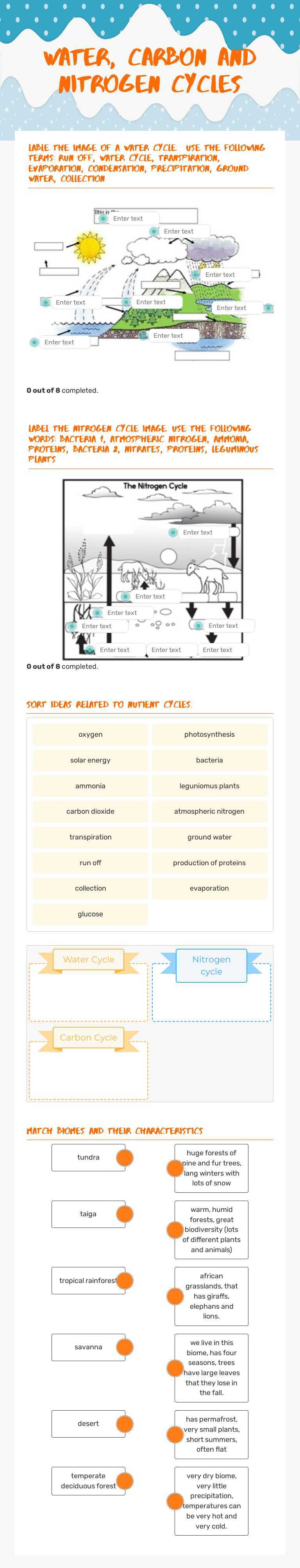 water, Carbon and nitrogen cycles Grade 9 worksheet preview