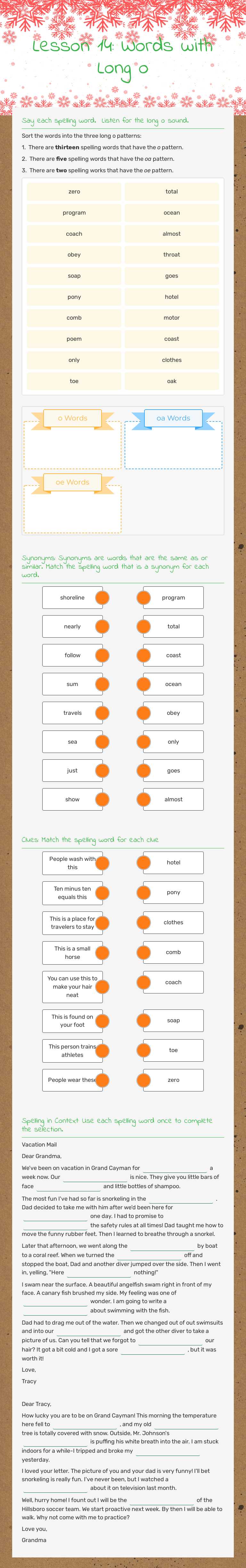 Lesson 14: Words with Long o worksheet preview image