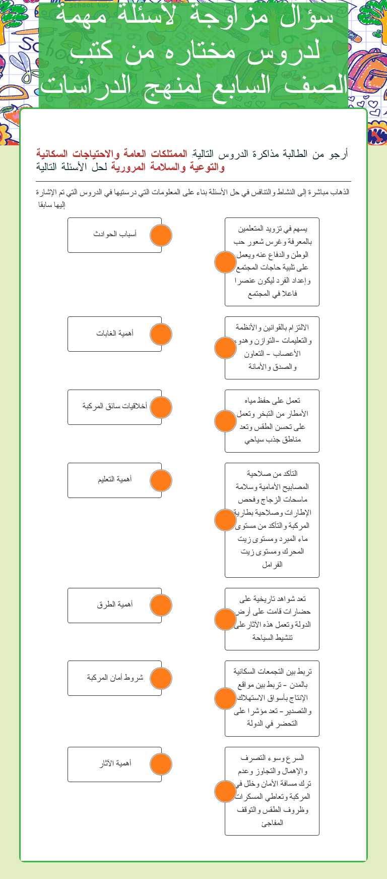 سؤال مزاوجة لأسئلة مهمة لدروس مختاره من كتب الصف السابع لمنهج الدراسات الاجتماعية worksheet preview