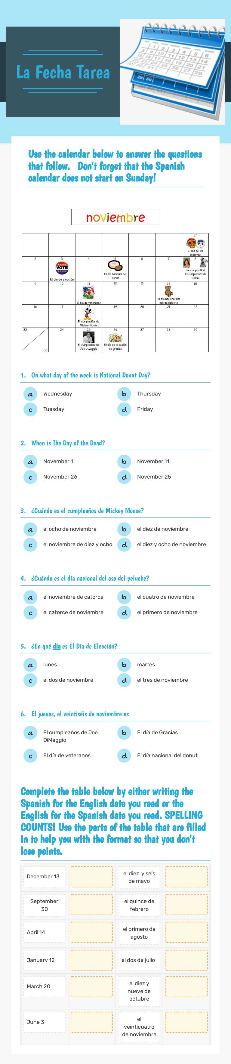 La Fecha Tarea Grade 6 worksheet preview