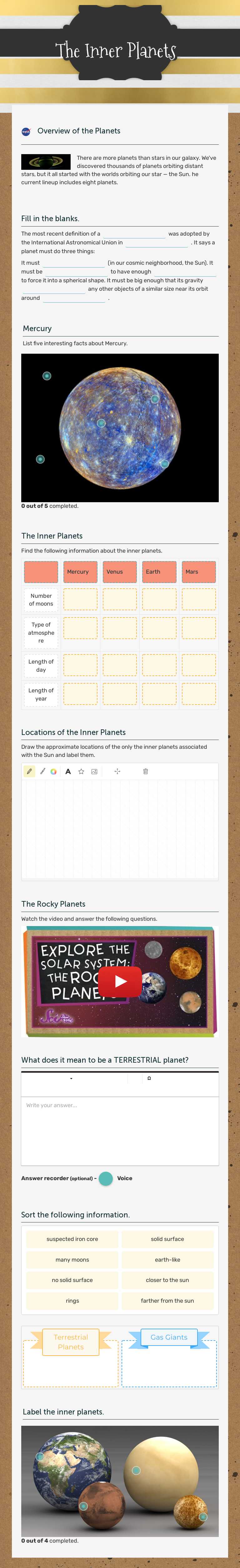The Inner Planets worksheet preview image
