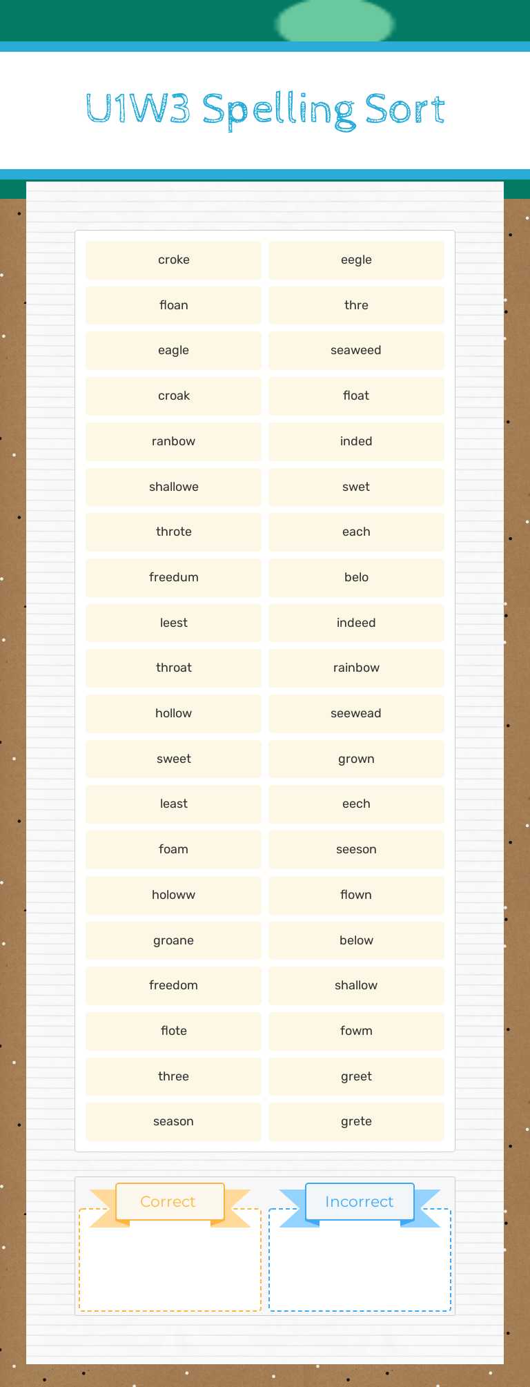 U1W3 Spelling Sort Grade 4 worksheet preview