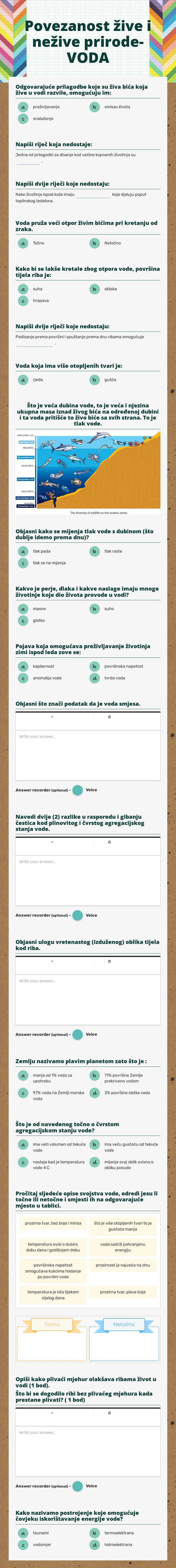Povezanost žive i nežive prirode- VODA Grade 5 worksheet preview