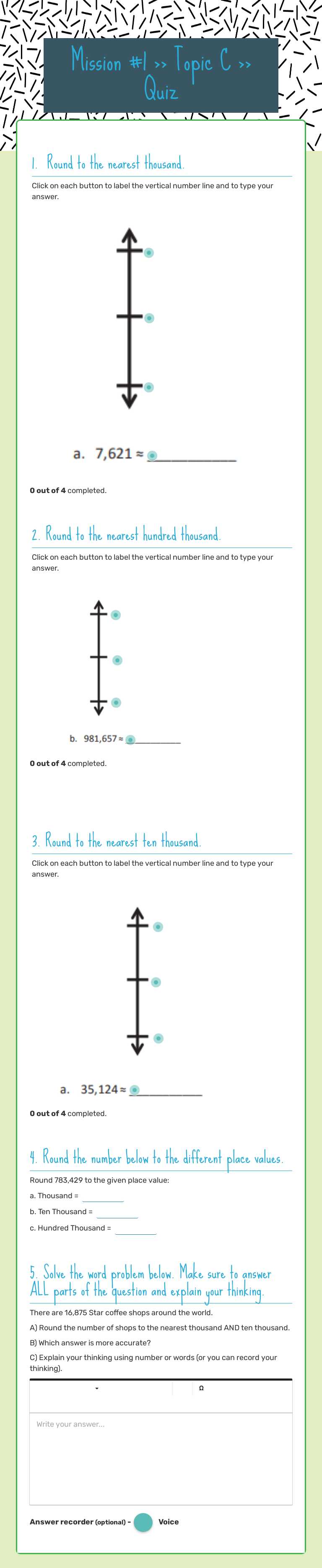 Mission #1 >> Topic C >> Quiz Grade 4 worksheet preview
