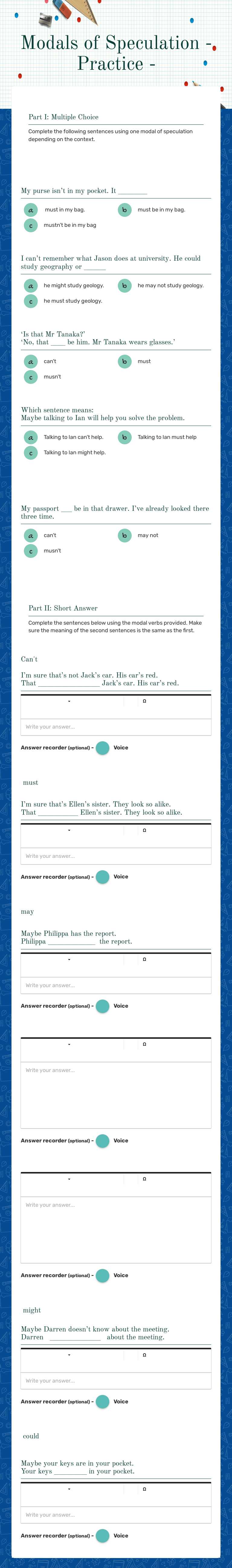 Modals of Speculation
- Practice - Grade 5 worksheet preview