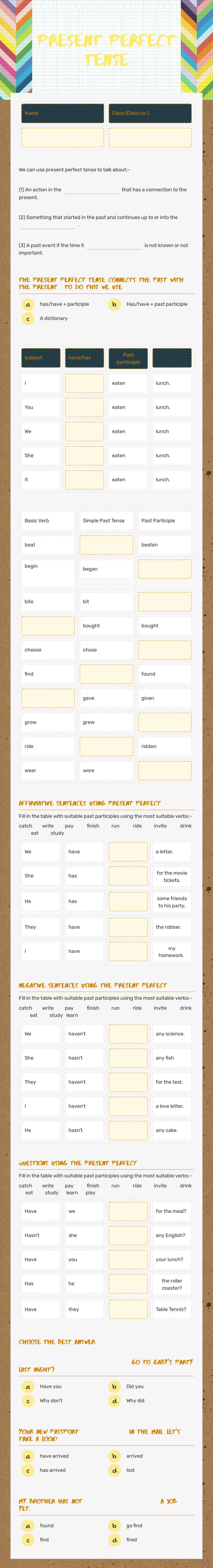 Present Perfect Tense worksheet preview image